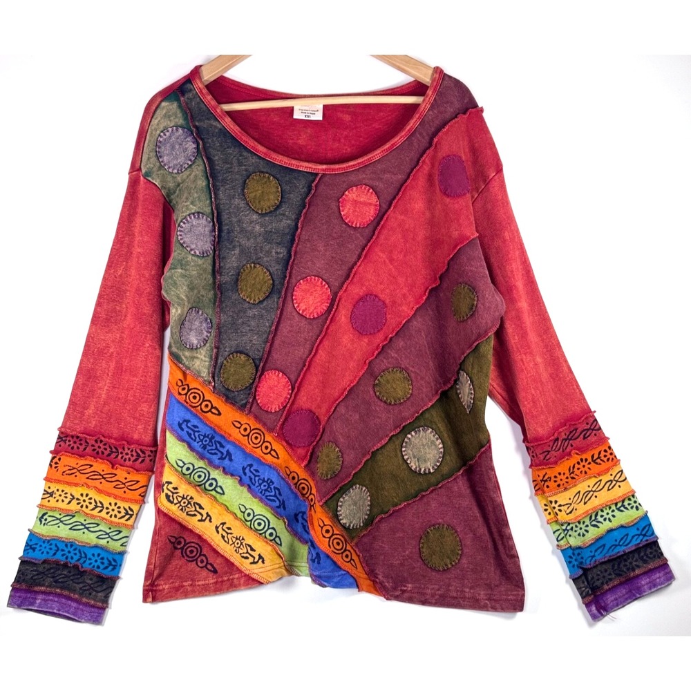 Greater Good Patchwork Top Womens XXL Red Boho Hippie Rainbow Artsy Festival